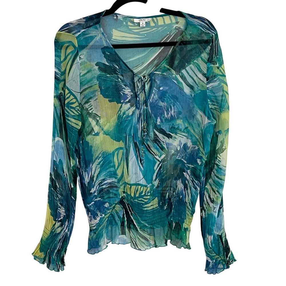 Cache Tropical Leaf‎ Print Sheer V Neck Tie Front Blouse Women's Size M Y2K VTG